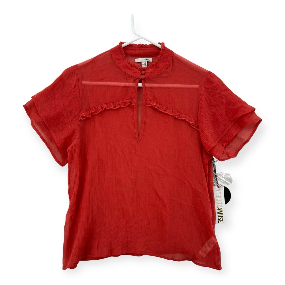 NWT Amuse Society‎ Blouse Womens Small Sheer Ruffle Short Sleeve Boho Top